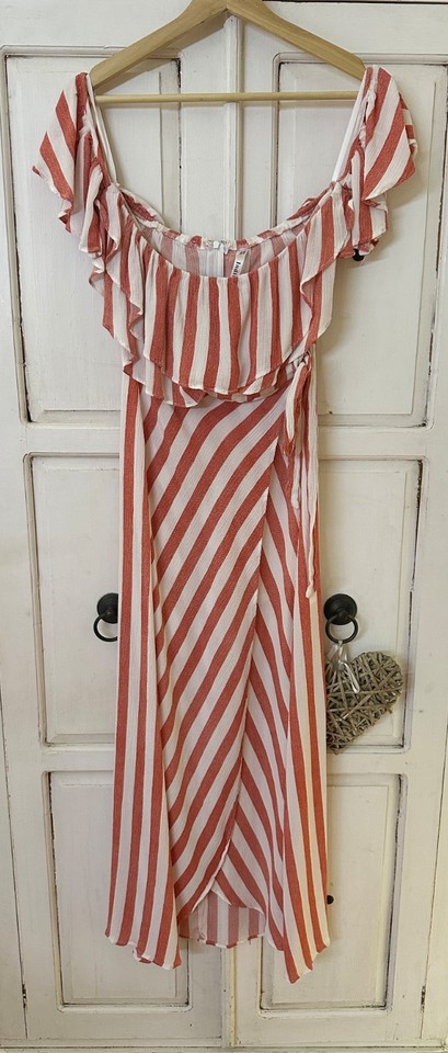 Indiikah Maxi Dress Size S Rust White Stripe Ruffle Off Shoulder Boho Wrap