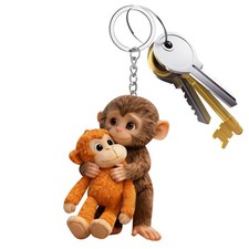 Protect Punch The Monkey Keychain, 3D Cute Monkey Holding Plush Keyring Pendant