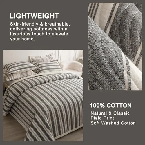 Juego de edredón a rayas de algodón, ultra suave KING/CAL.KING (108"x96") rayas-gris blanco Foto 4 de 4