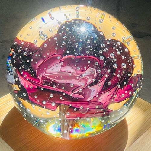 Studio Art Art Glass Paperweight Dark Purple Peony with Controlled Bubbles Retro - Picture 6 of 8