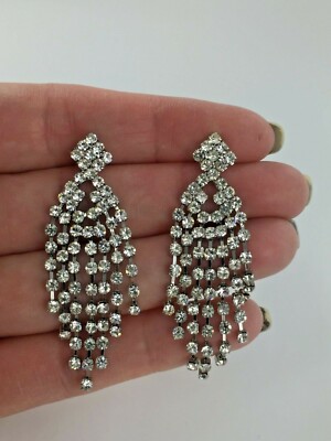 Gorgeous Imitation Crystal Chandelier Style Brass Silvertone Earring Brass Silvertone Earring, Vintage Brass Chandelier Earrings Wedding