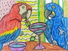 Scarlet Hyacinth MACAW Drinking a Martini 8.5 x 11 Parrot Bird Art Print KSAMS
