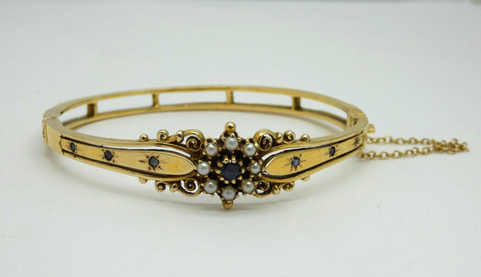 Solid Gold Victorian Bangle Bracelet with Sapphir… - image 1
