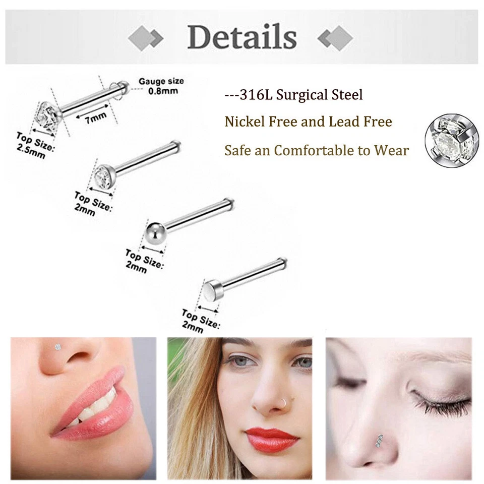 16件装银色直鼻耳钉不锈钢蛋白石CZ骨钉鼻环20G — 第 3/4 张图片