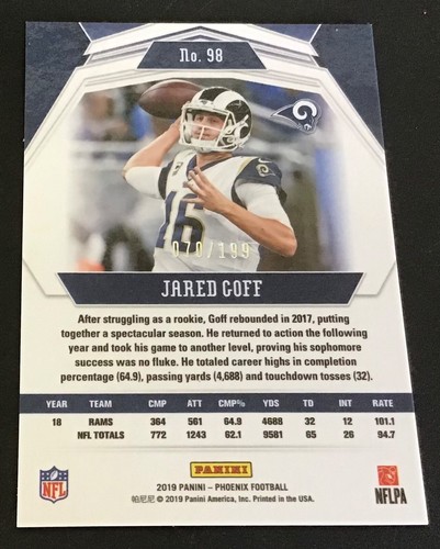 2019 Panini Phoenix Football No.98 Jared Goff Trading Card 070/199 - Picture 2 of 2