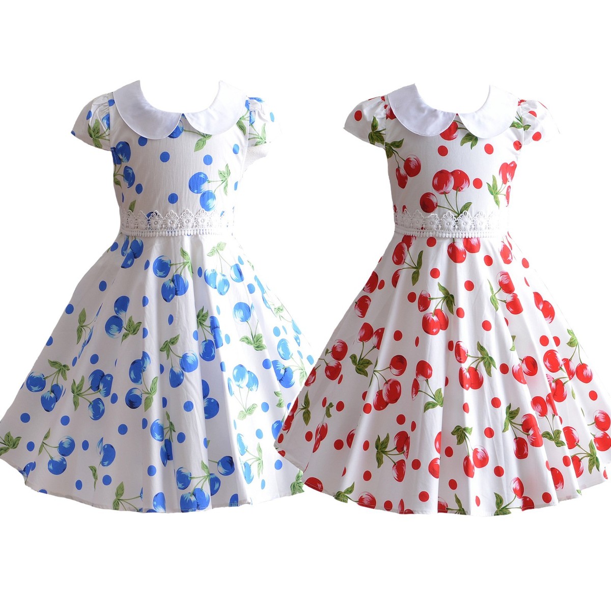 Summer Dress Girl Years Dress Girls Cherry Summer Cotton Party Dress Blue  Red Coral Pink