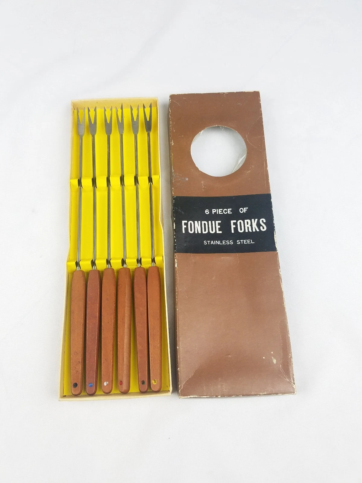 Vtg stainless steel fondue forks wood handles set of 6 Japan mid century kit