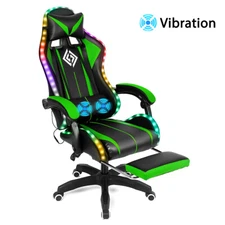 LED RGB Light Computer Gaming Chair Speakers Massage Footrest High Back Recliner