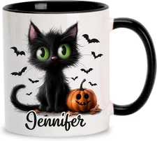 Personalized Black Cat Halloween Mug, Custom Pumpkin Coffee Cup Gift