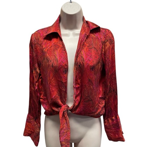 Vintage Cache women’s tie front silk blouse 70s feather print size medium