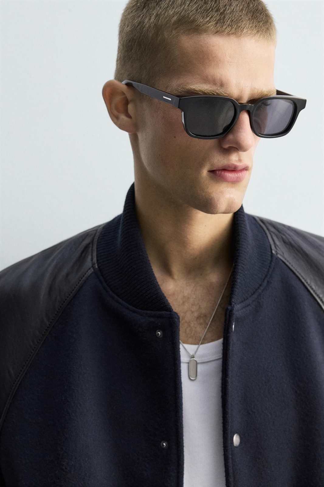 Zara Men's Leather & Wool Blend Bomber Jacket - Dark Navy M image 6