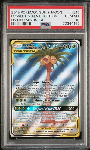 Pokemon Rowlet & Alolan Exeggutor GX Unified Minds Full Alt Art #215 PSA 10 Gem