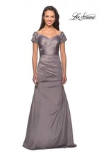 La Femme 25996 Off the Shoulder Beaded Satin Trumpet Gown Sz 0 Silver 598