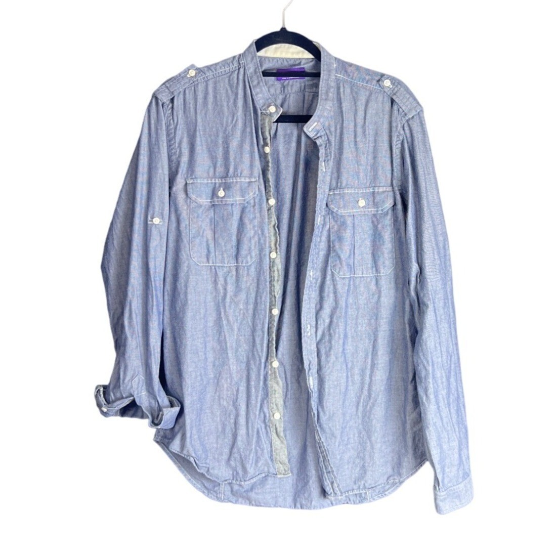 zara man basic blue denim cotton button down chin… - image 1