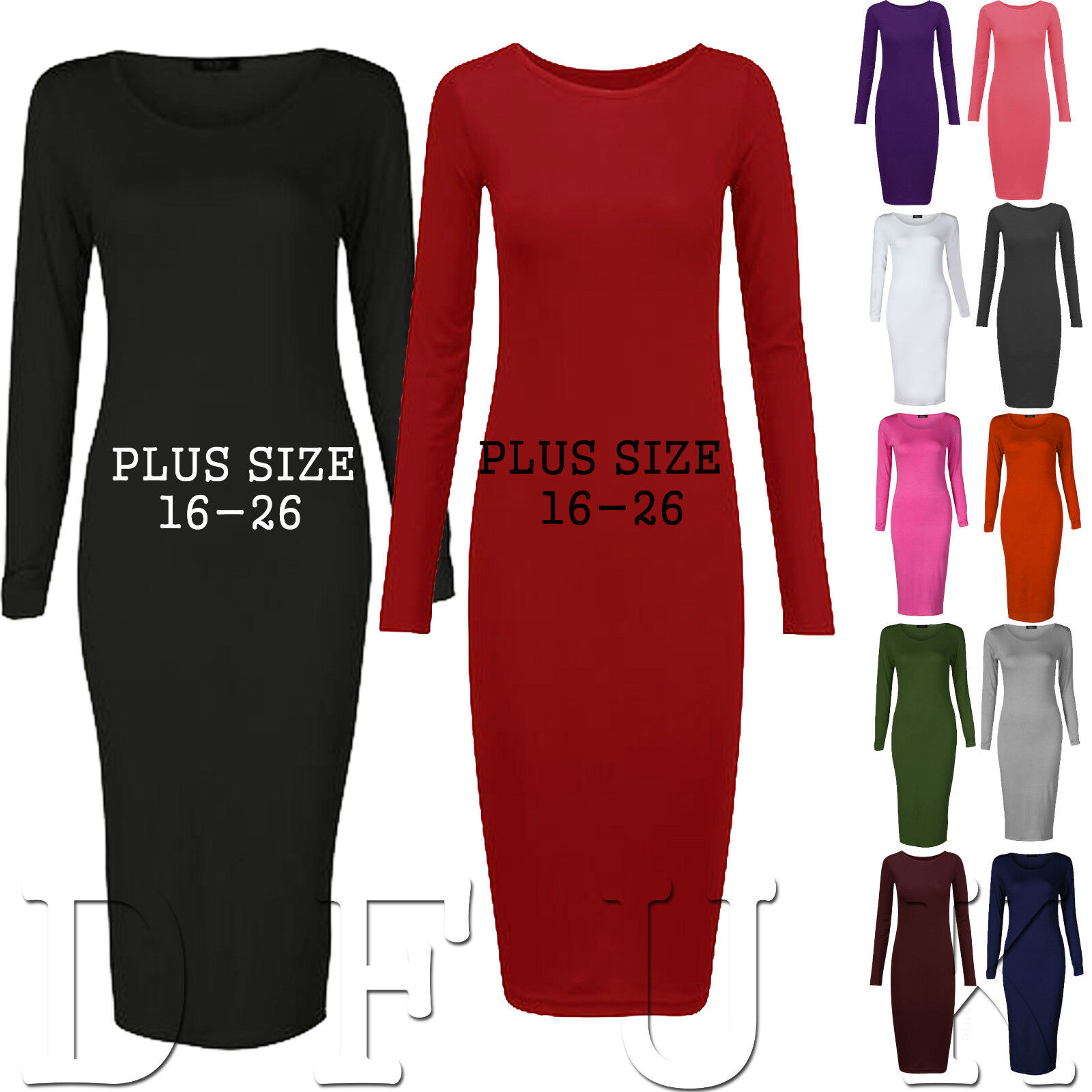 Damenmode Neu Damen Lang Armel Stretch Korper Con Einfarbig Midi Maxi Kleid Ubergrosse 8 Kleidung Accessoires Pokupec Hr