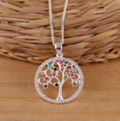  925 Sterling Silver Tree of Life Pendant Cubic Zirconia Necklace Chain Gift Box