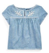 Polo Ralph Lauren Floral Embroidered Blue Chambray Top Girl's L26539 Size 6X
