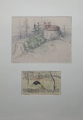 Jugendstil Zeichnung Eugen Osswald Tier Porträt Schlafender Fuchs und Rebhuhn - Bild 1 von 4