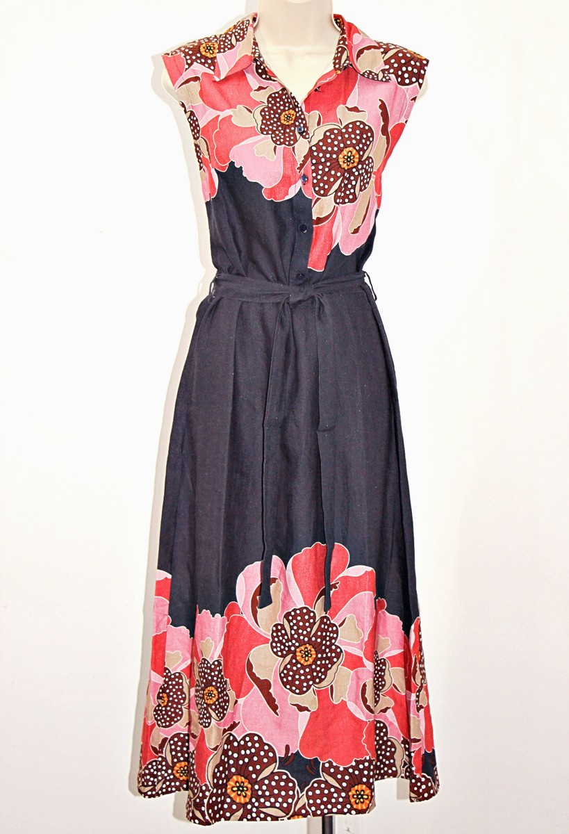MAGARI Linen Blend Floral Shirt Dress With Belt in Black-Red sz M