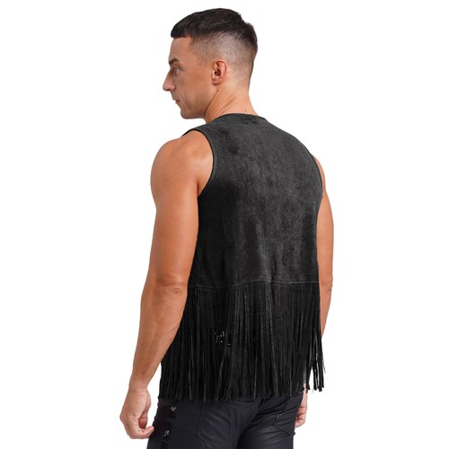 Gilet cowboy uomo nappa rivetti frange gilet giacca western costume rock - Foto 6 di 53