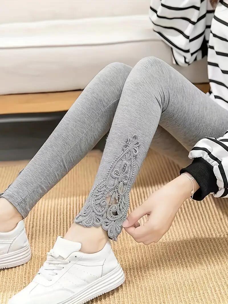 Women Gray Floral Lace Panel Skinny Leggings Casual Every Day Stretchy  Clothing