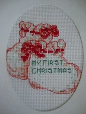 COMPLETED FINISHED CROSS STITCH CARD "MY FIRST CHRISTMAS RED BOOTIE"