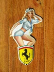 VINTAGE FERRARI GIRL PORCELAIN SIGN 8" x 4-1/2" DINO GAS STRADALE ENZO OMOLOGATA