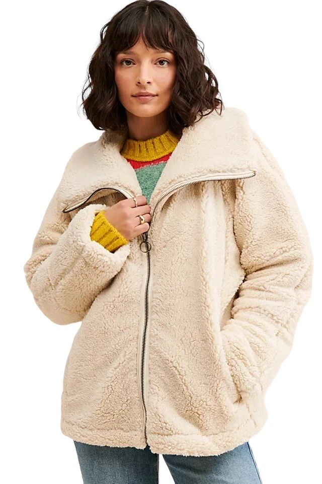 Free People NWOT Raya Cozy Fluffy Jacket Full Zip Designer £180 Cream Size S 10