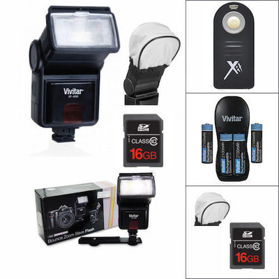 PRO VIVITAR FLASH + REMOTE + CHARGER + BATTERIES + 16GB  FOR CANON EOS REBEL