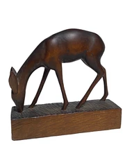 Vintage Mid-Century Art Deco Handcarved Grazing Wooden Deer 5 1/2" x 6"