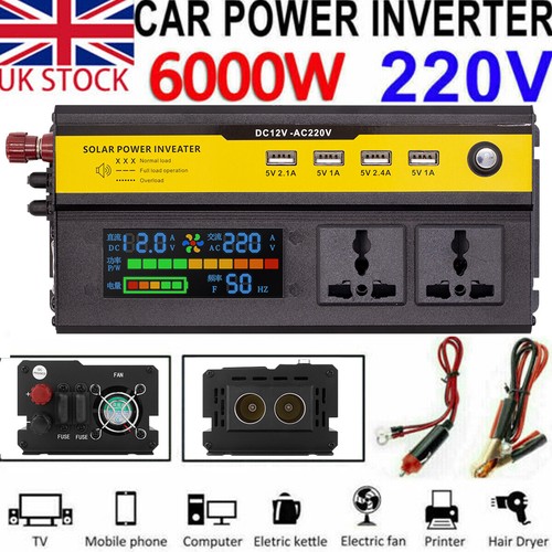 6000W Car Power Inverter Converter DC 12V to AC 220V 4 USB 2 UK Socket
