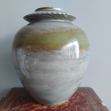 Large Studio Pottery Slip Cast Vase Richard Warnoch Blue Green Ochre Grey Glaze