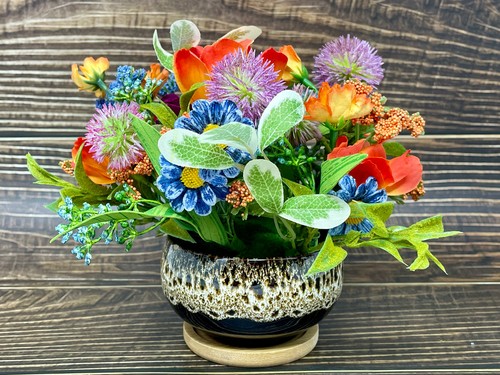 7" Orange-Purple Autumn Spring Mix silk Flower arrangement in small ceramic pot - Picture 6 of 12