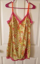 VTG Victoria's Secret Colorful Floral Satin Pink Lace Trim Slip Dress Size Large