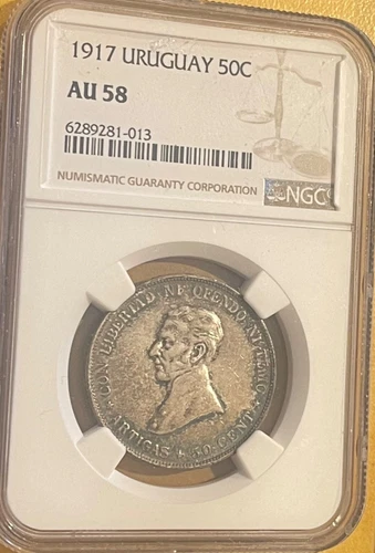 URUGUAY 50 CENTESIMOS 1917 NGC AU 58