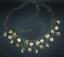 VINTAGE GOLD TONE YIN YANG TAIJITU BRASS CHAIN BELT DOUBLE LAYER 40"