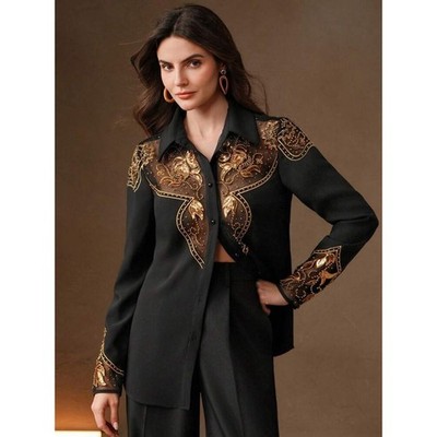 NEW ANEWSTA Black Beaded Western Blouse Rodeo Luxe Gothic Glam Baroque Women's L