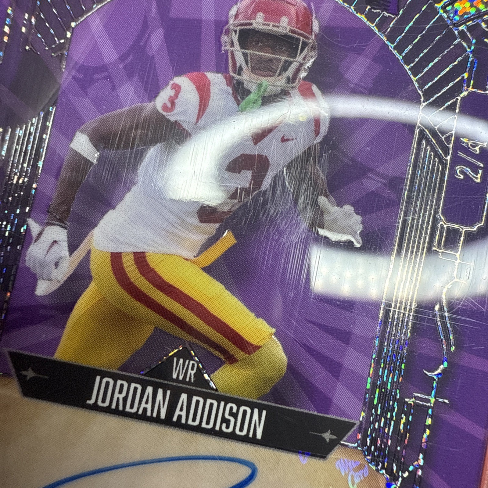2023 WC 5 Card Draw Jordan Addison /4 Auto PSA 10 Purple Sparkles Wild view 5