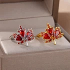 Women's Maple Leaf Ring with Zirconia Adjustable Stainless Steel Gold Silver