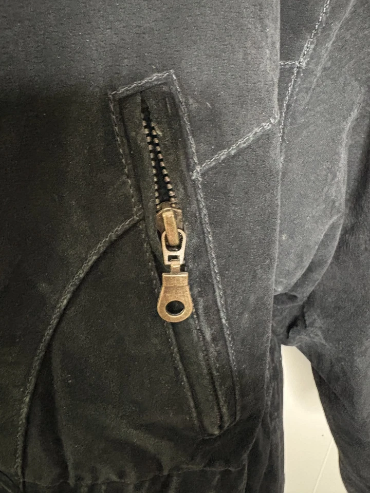 Northwest Territories 黑色麂皮绒皮革夹克外套 L 码人造毛皮腰带保暖 — 第 4/4 张图片