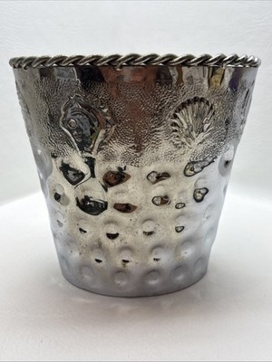VTG Silver Metal Waste Basket Trash Can Heavy Emboss Brass Shell Coastal Patina