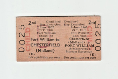 British Rail Ticket Fort William nach Chesterfield Midland Dampfer Ausflug 1962