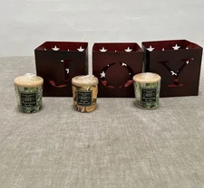 Primitive Christmas Decor Metal Cube Candle Holders JOY Cutout + Root Candles
