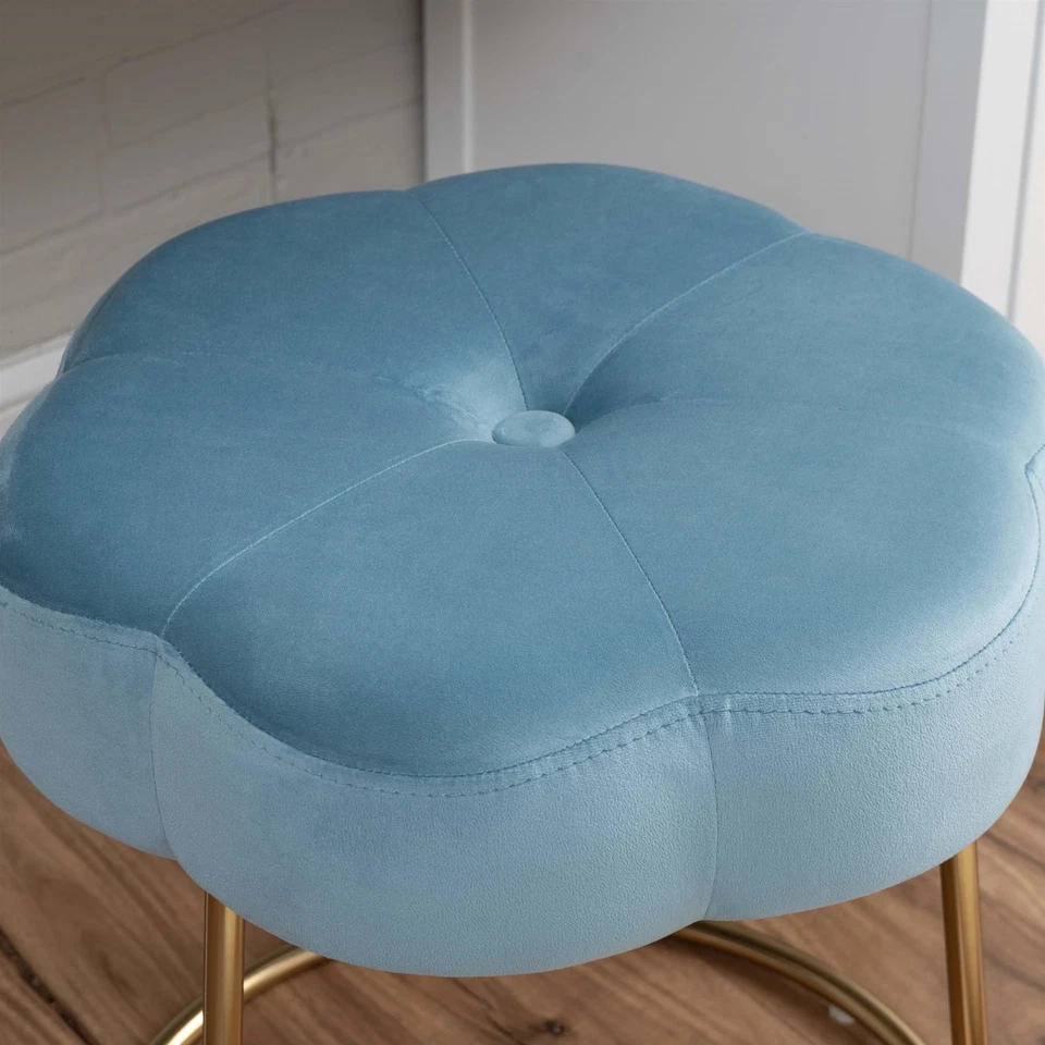 Linon Siena Gold Steel Base Upholstered Flower Shape Vanity Stool in Blue Velvet - Image 3 of 4
