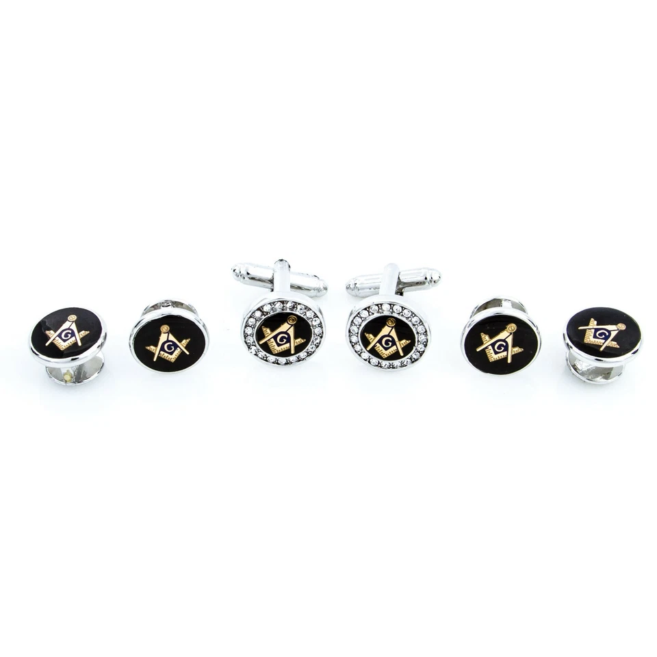 MRCUFF Freemason Masonic Crystal Mason Cufflinks & Studs Tuxedo Set in Gift Box - Image 3 of 4