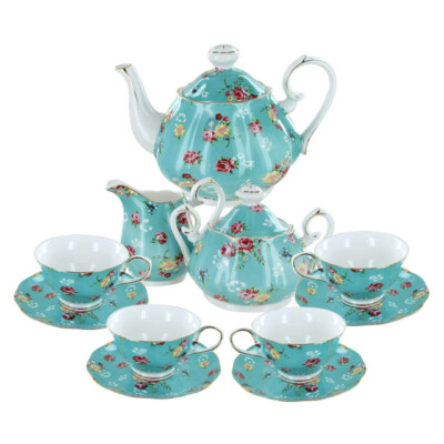 Gracie China Shabby  Rose  Turquoise  Tea Set 11 pcs