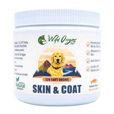 Wild Origins Pet Skin and Coat Soft Chews Supplements for Dogs 120 ct Jar Omegas