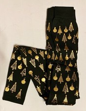 Unbranded Women's Black Poly/Spandex Christmas Leggings-Gold Trees  Ornaments
