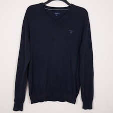 Gant Men's Navy Blue Embroidered V-Neck Long Sleeve Knit Jumper Large