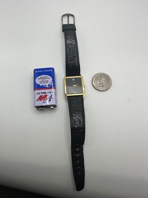 Cardinal Vintage Gold Tone Tank Watch Leather Band Black Dress Men